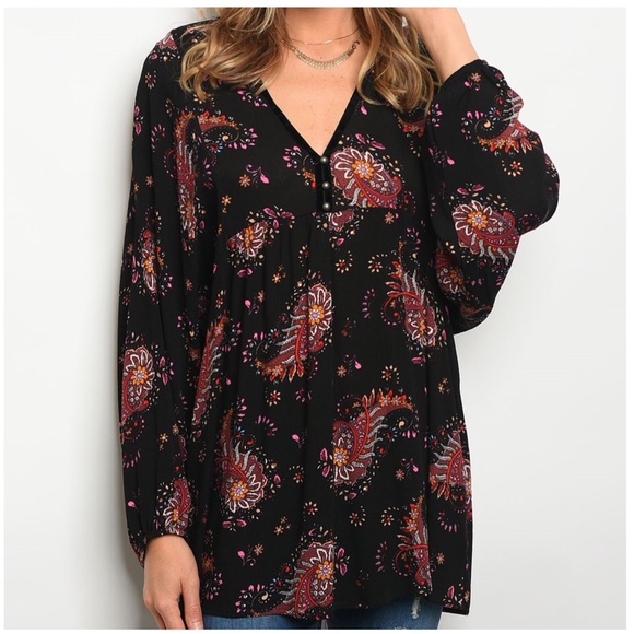 BLACK/ RED  PAISLEY PRINT BLOUSE - Picture 2 of 3